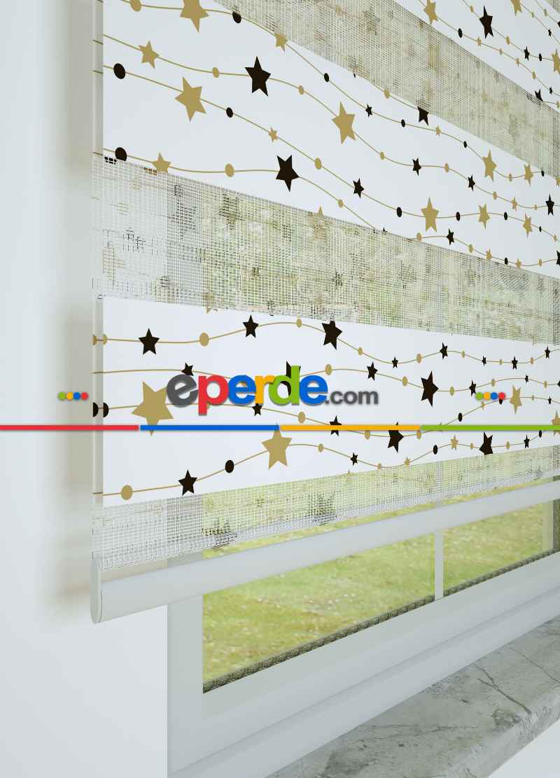 Bebek Odası - Siyah Altın Yıldız Desenli Baskılı Zebra Perde