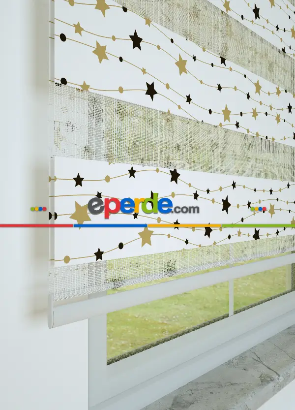 Siyah Altın Yıldız Desenli Baskılı Zebra Perde