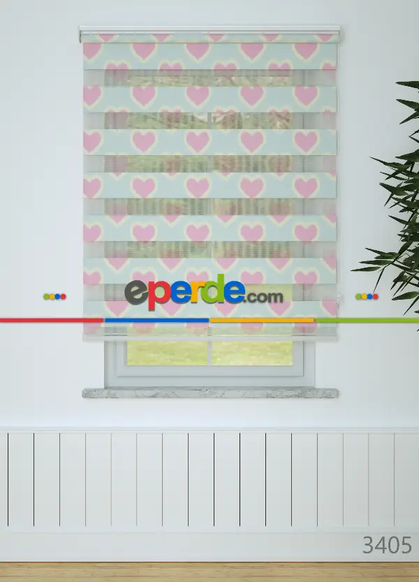 Pembe Sarı Kalp Desenli Baskılı Zebra Perde