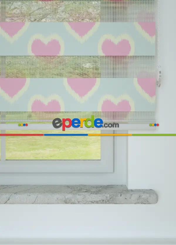 Pembe Sarı Kalp Desenli Baskılı Zebra Perde