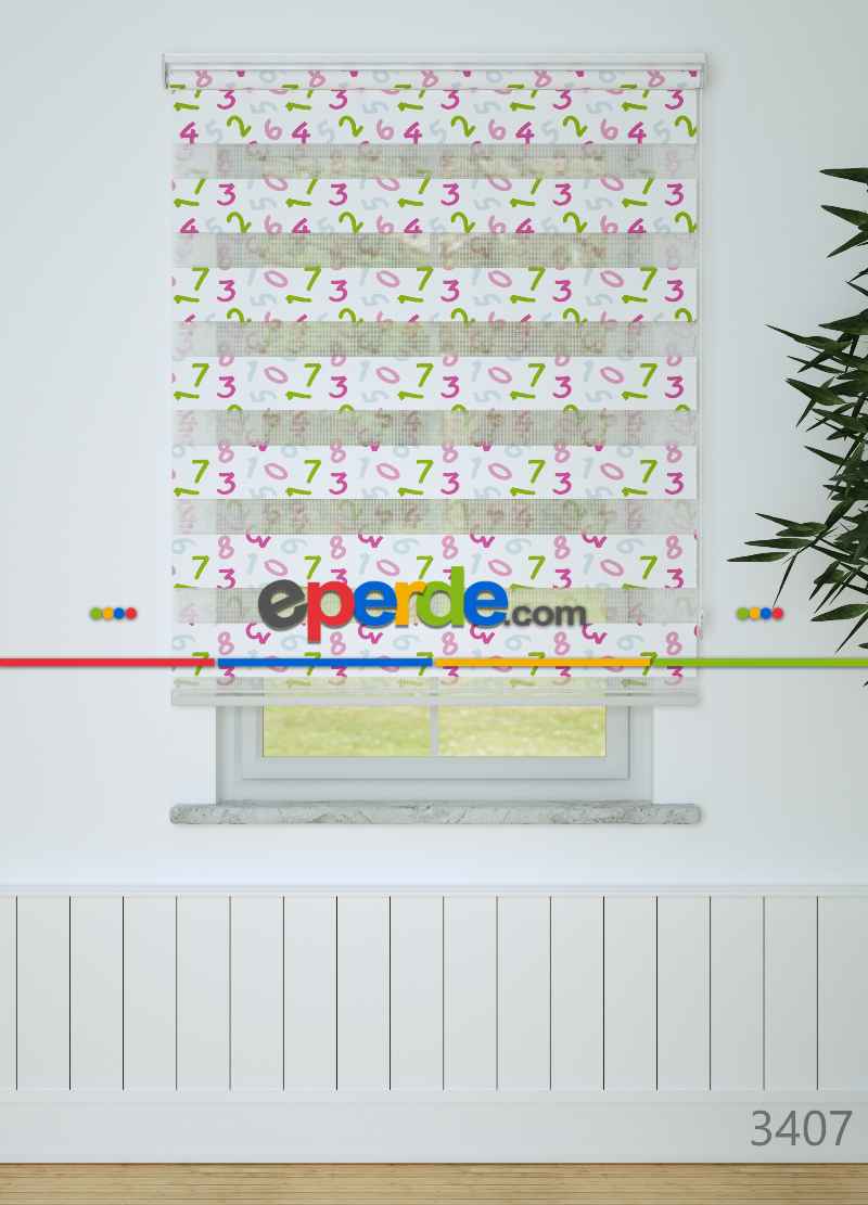 Çocuk Odası - Pembe Yeşil Sayı Desenli Baskılı Zebra Perde