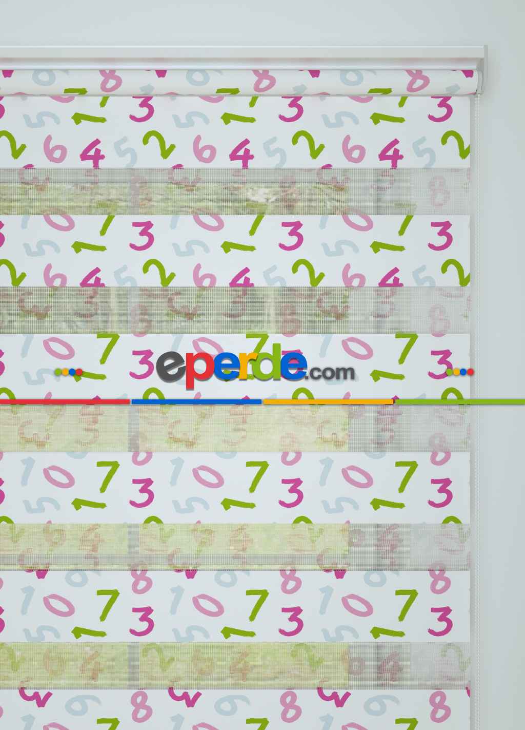 Çocuk Odası - Pembe Yeşil Sayı Desenli Baskılı Zebra Perde