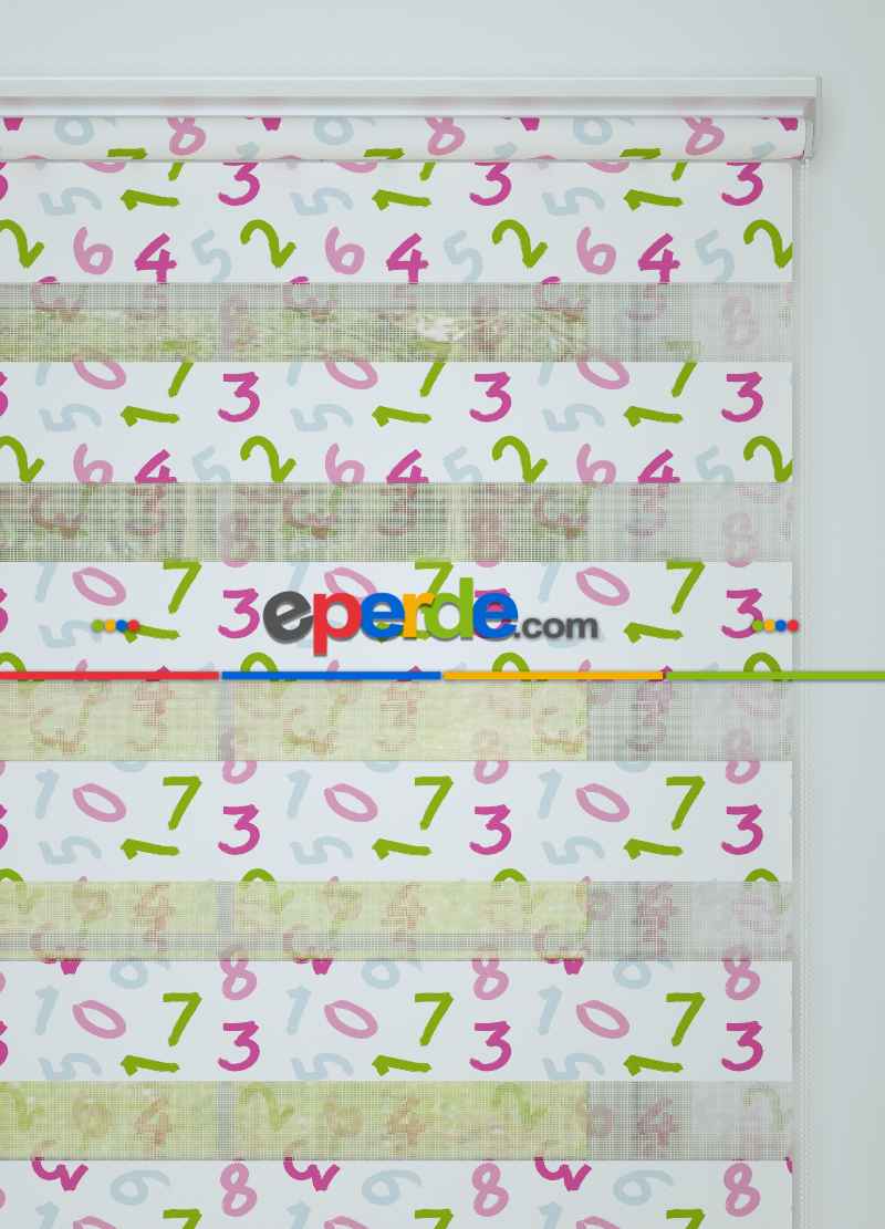 Çocuk Odası - Pembe Yeşil Sayı Desenli Baskılı Zebra Perde