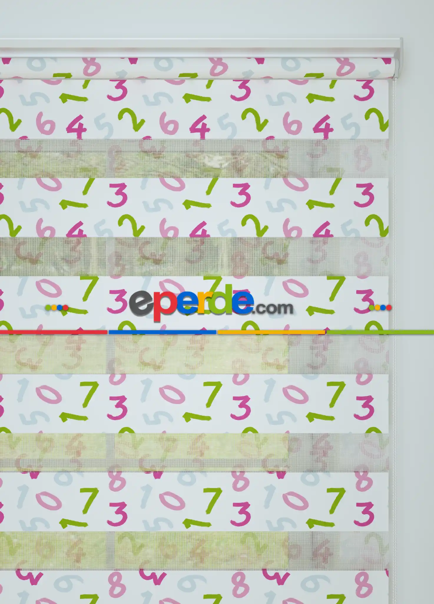Pembe Yeşil Sayı Desenli Baskılı Zebra Perde