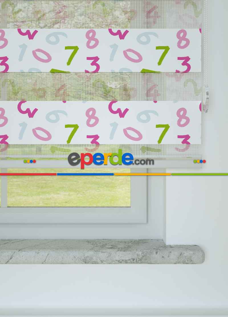 Çocuk Odası - Pembe Yeşil Sayı Desenli Baskılı Zebra Perde