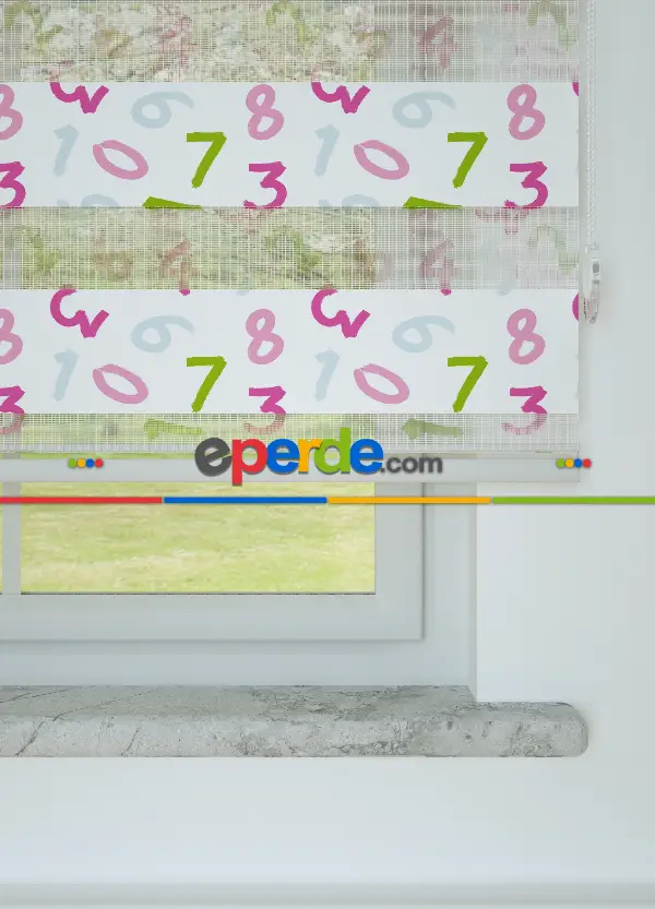 Pembe Yeşil Sayı Desenli Baskılı Zebra Perde