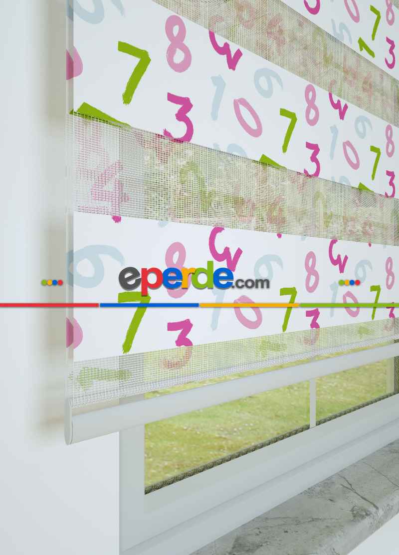Çocuk Odası - Pembe Yeşil Sayı Desenli Baskılı Zebra Perde
