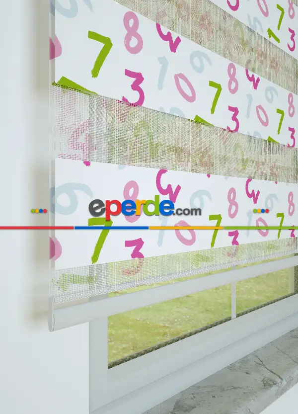 Pembe Yeşil Sayı Desenli Baskılı Zebra Perde