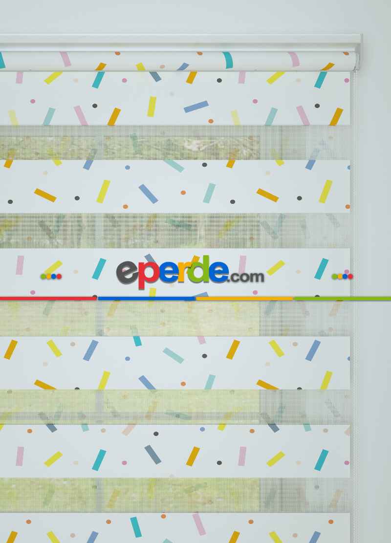 Çocuk Odası - Mavi Sarı Konfeti Desenli Baskılı Zebra Perde