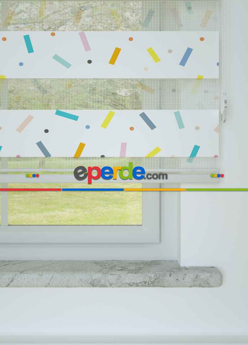 Çocuk Odası - Mavi Sarı Konfeti Desenli Baskılı Zebra Perde