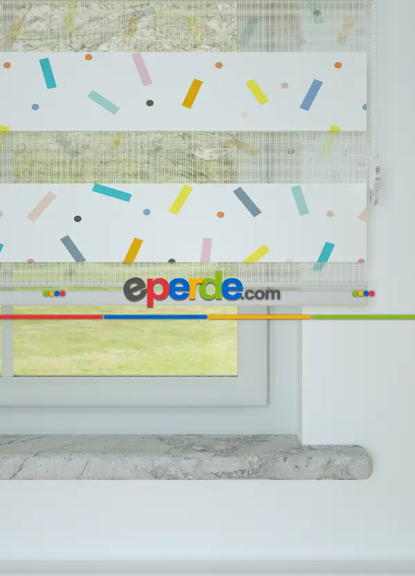 Bebek Odası - Mavi Sarı Konfeti Desenli Baskılı Zebra Perde