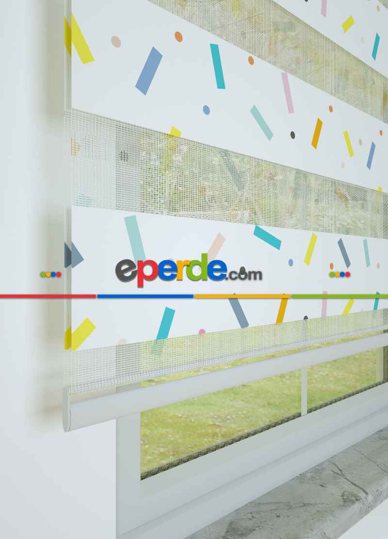 Çocuk Odası - Mavi Sarı Konfeti Desenli Baskılı Zebra Perde