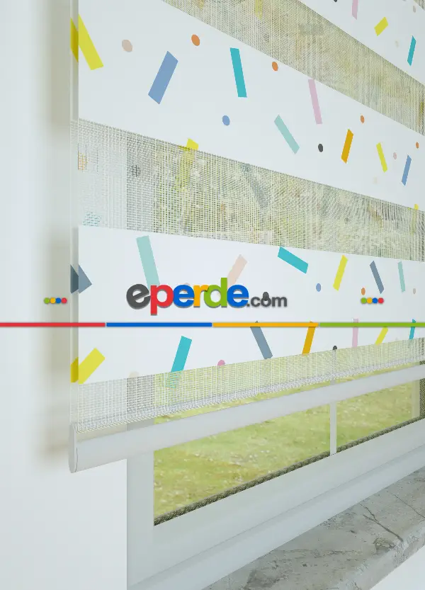 Bebek Odası - Mavi Sarı Konfeti Desenli Baskılı Zebra Perde