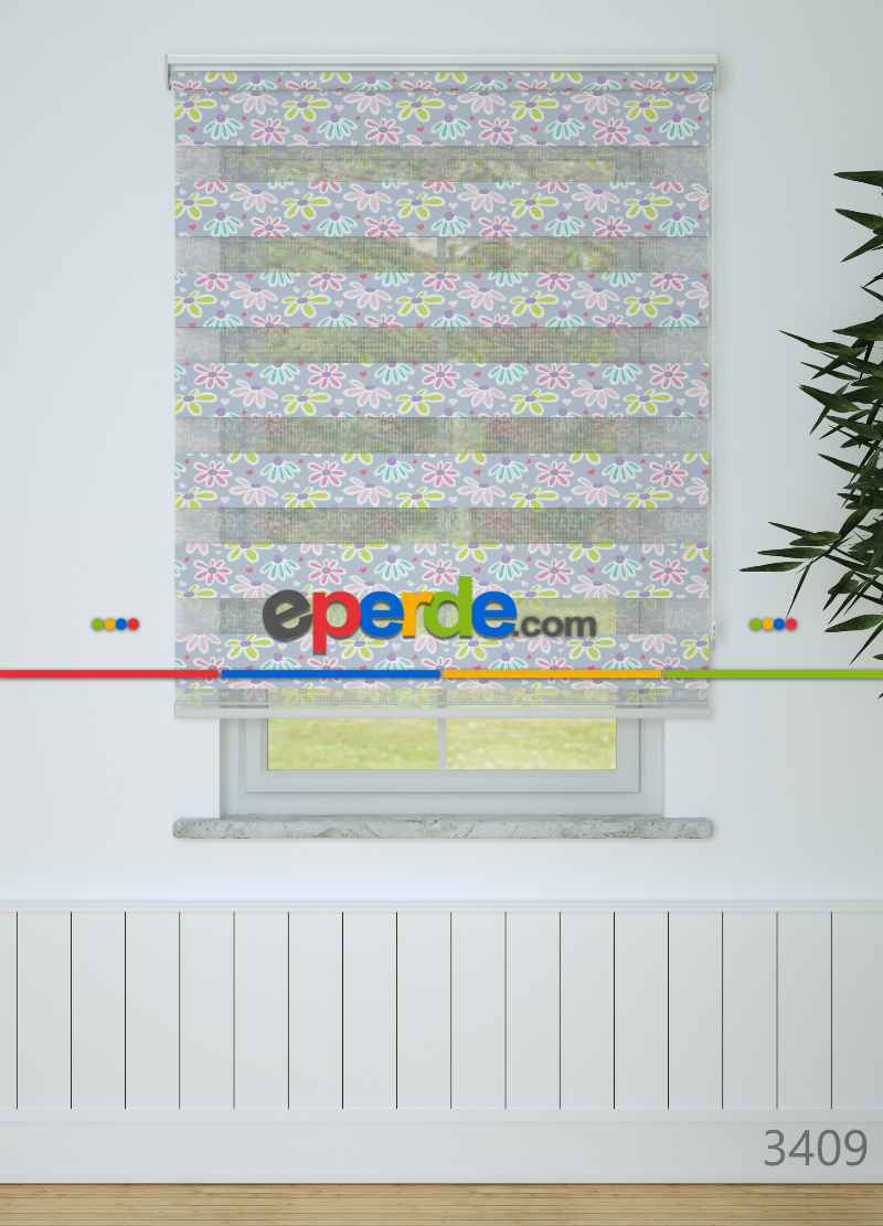 Çocuk Odası - Lila Yeşil Çiçek Desenli Baskılı Zebra Perde