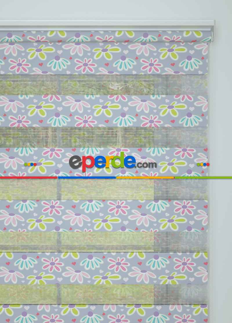 Çocuk Odası - Lila Yeşil Çiçek Desenli Baskılı Zebra Perde