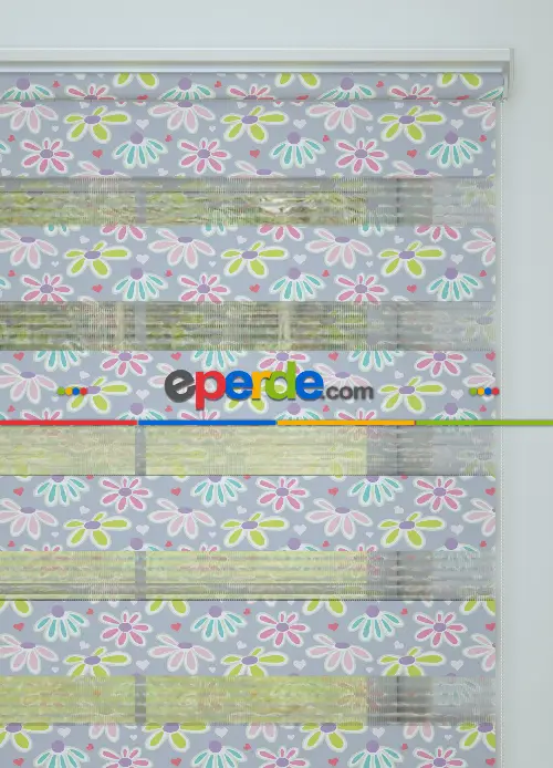 Lila Yeşil Çiçek Desenli Baskılı Zebra Perde