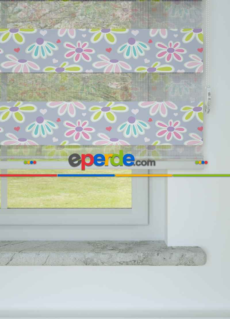 Çocuk Odası - Lila Yeşil Çiçek Desenli Baskılı Zebra Perde