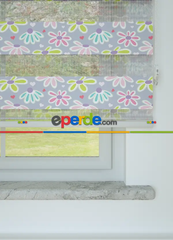 Lila Yeşil Çiçek Desenli Baskılı Zebra Perde