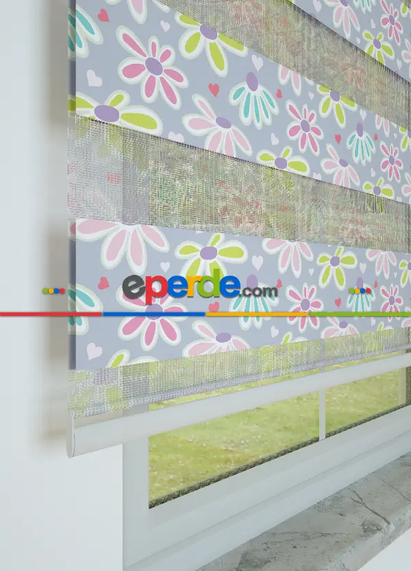 Lila Yeşil Çiçek Desenli Baskılı Zebra Perde