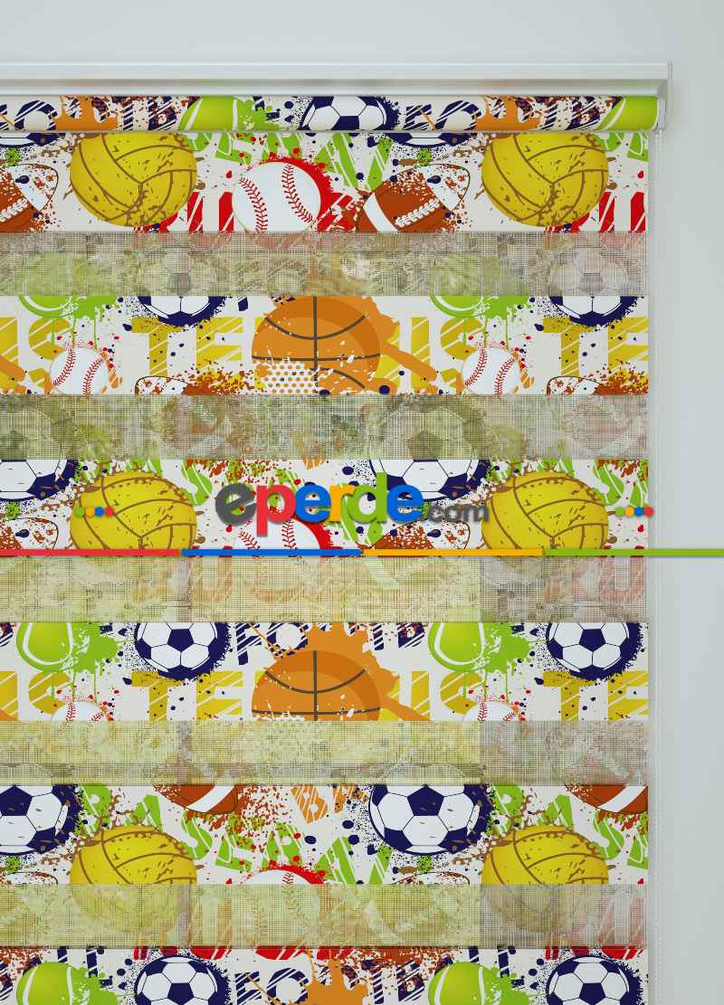 Çocuk Odası - Turuncu Sarı Top Desenli Baskılı Zebra Perde