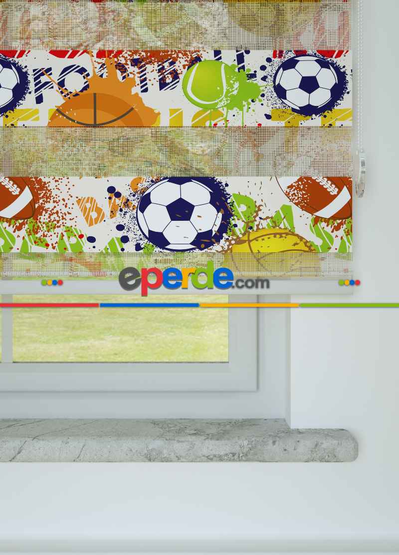 Çocuk Odası - Turuncu Sarı Top Desenli Baskılı Zebra Perde