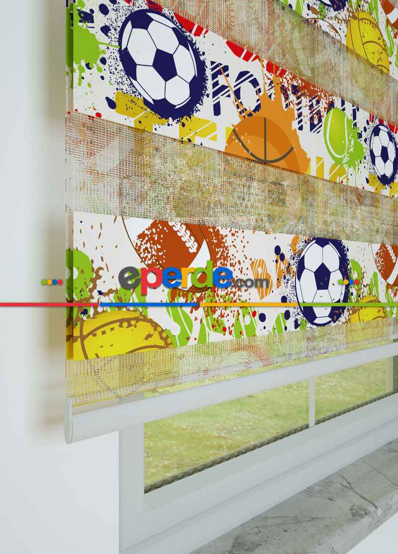 Çocuk Odası - Turuncu Sarı Top Desenli Baskılı Zebra Perde