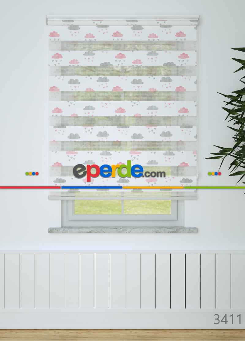 Bebek Odası - Gri Pembe Bulut Ve Yağmur Desenli Baskılı Zebra Perde