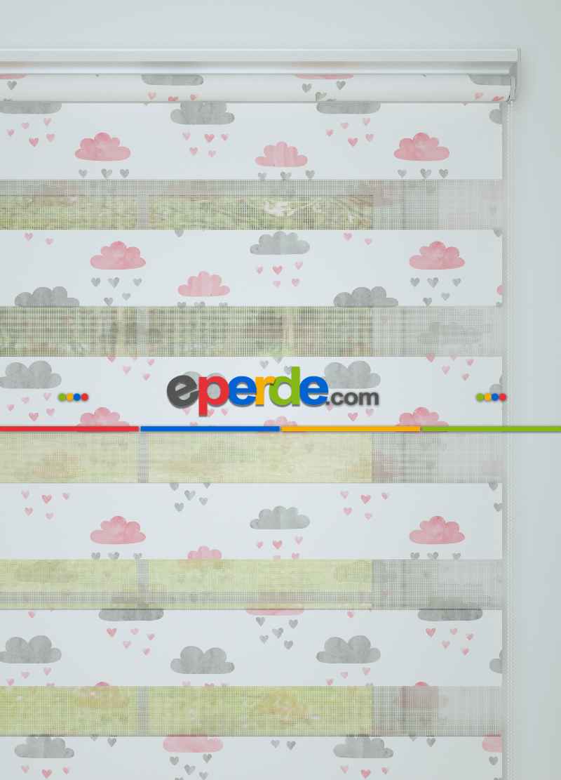 Bebek Odası - Gri Pembe Bulut Ve Yağmur Desenli Baskılı Zebra Perde