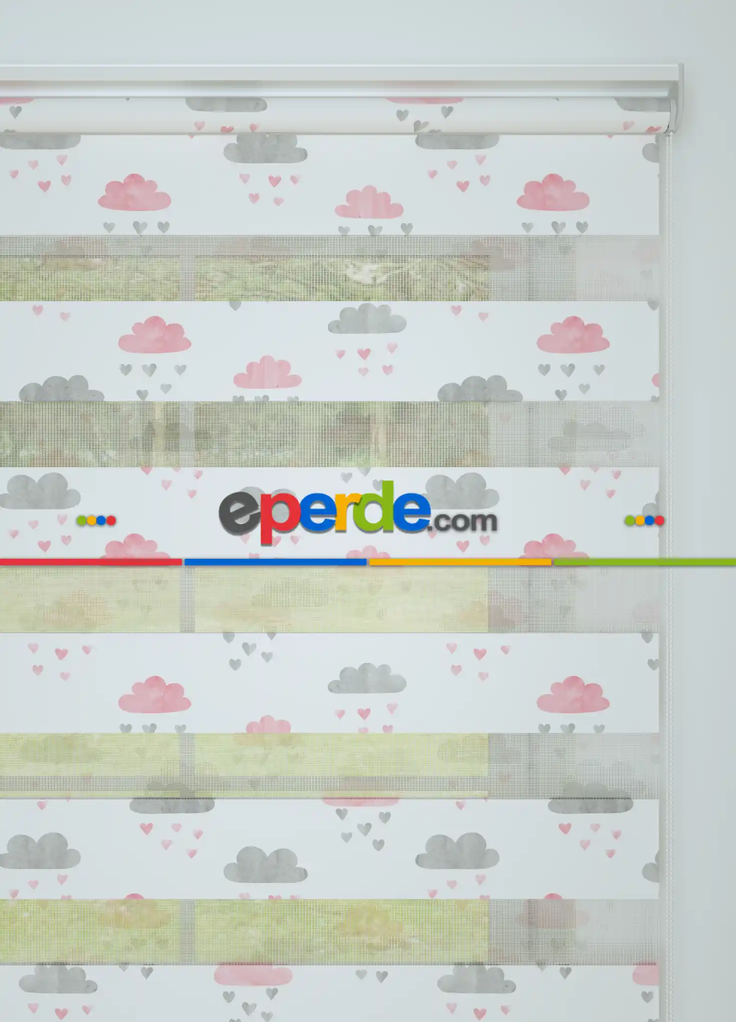 Bebek Odası - Gri Pembe Bulut Ve Yağmur Desenli Baskılı Zebra Perde