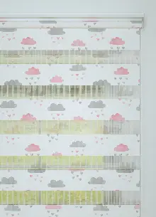 Bebek Odası - Gri Pembe Bulut Ve Yağmur Desenli Baskılı Zebra Perde