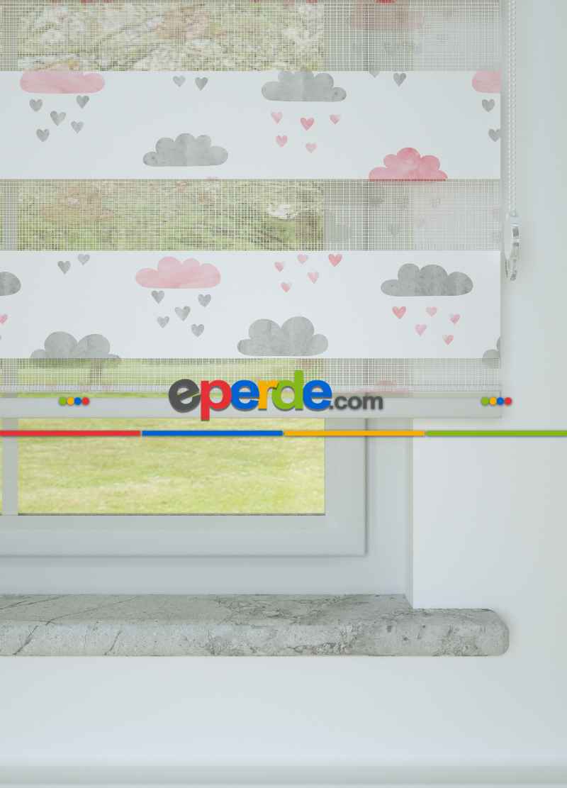 Bebek Odası - Gri Pembe Bulut Ve Yağmur Desenli Baskılı Zebra Perde