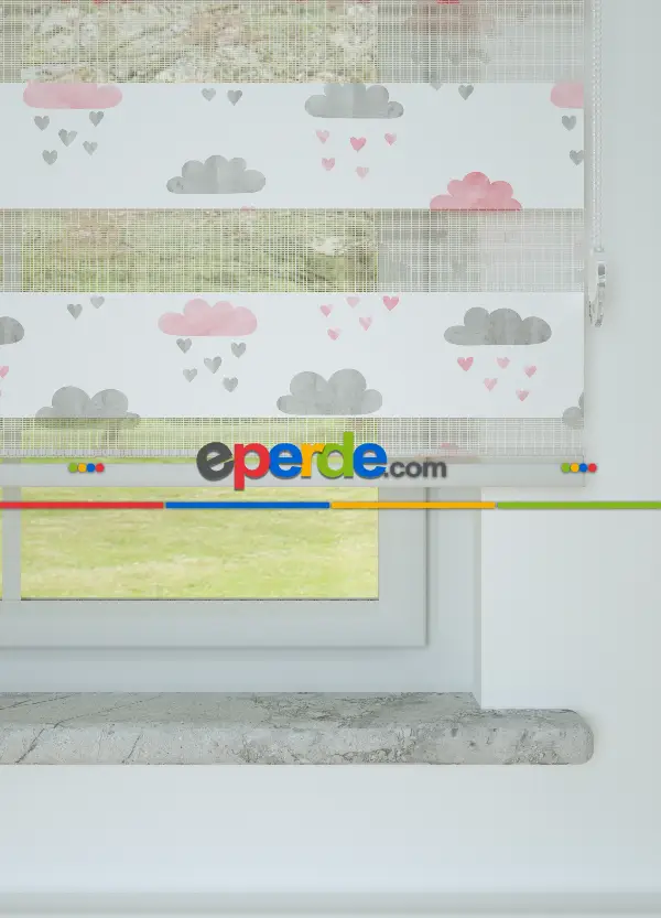 Bebek Odası - Gri Pembe Bulut Ve Yağmur Desenli Baskılı Zebra Perde