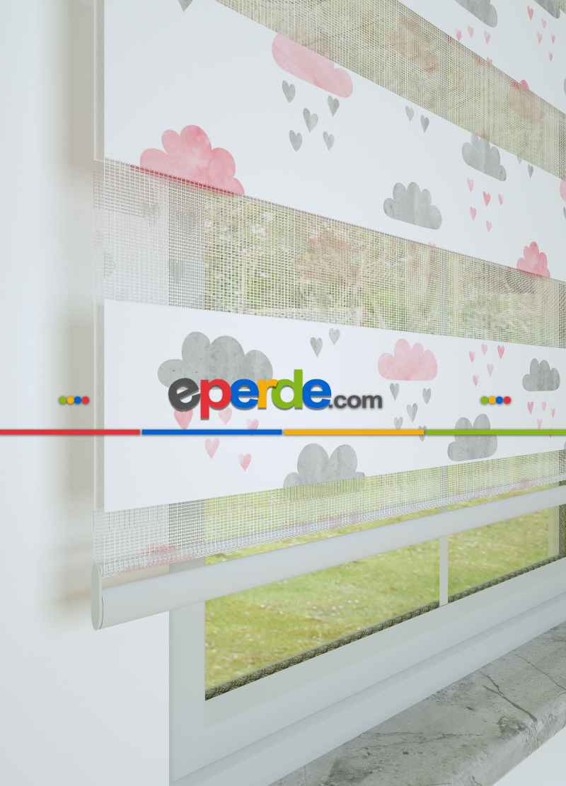 Bebek Odası - Gri Pembe Bulut Ve Yağmur Desenli Baskılı Zebra Perde