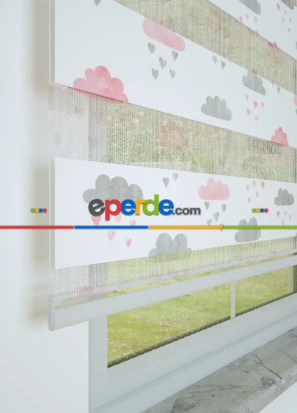 Bebek Odası - Gri Pembe Bulut Ve Yağmur Desenli Baskılı Zebra Perde