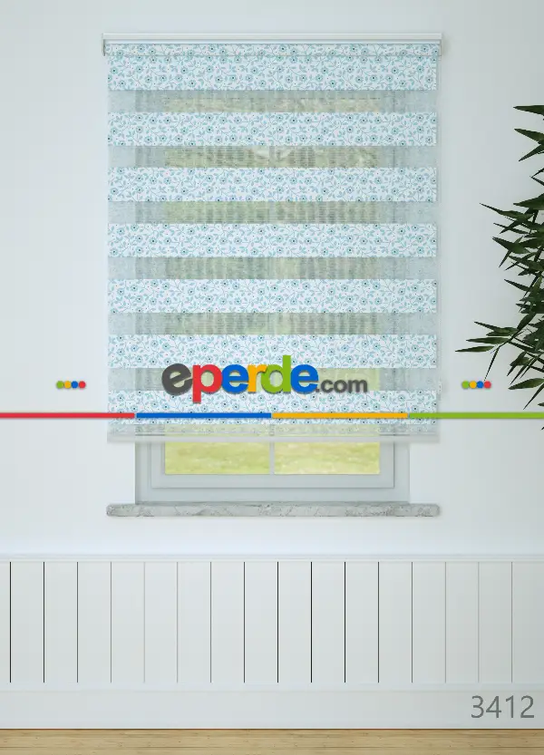 Mavi Çıtır Çiçek Desenli Baskılı Zebra Perde