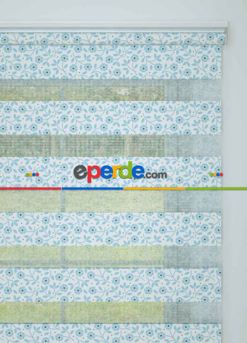 Çocuk Odası - Mavi Çıtır Çiçek Desenli Baskılı Zebra Perde