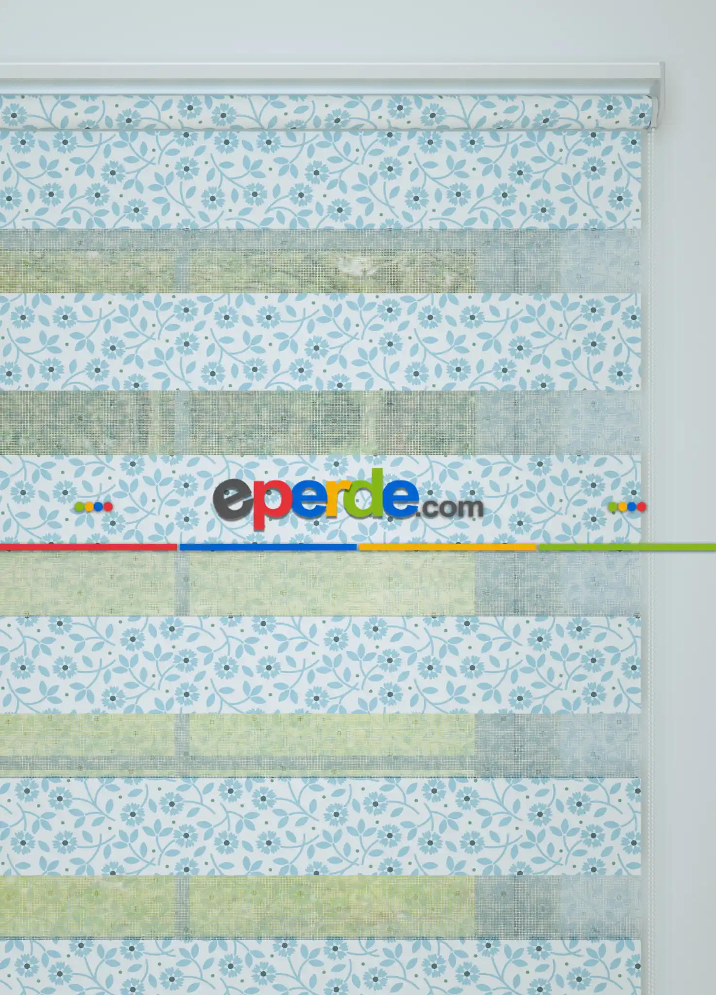 Mavi Çıtır Çiçek Desenli Baskılı Zebra Perde