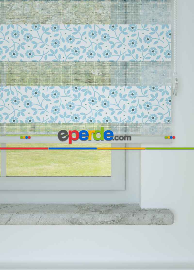 Çocuk Odası - Mavi Çıtır Çiçek Desenli Baskılı Zebra Perde