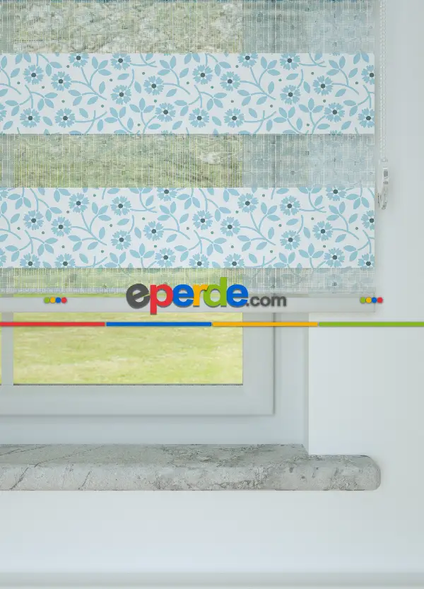 Mavi Çıtır Çiçek Desenli Baskılı Zebra Perde