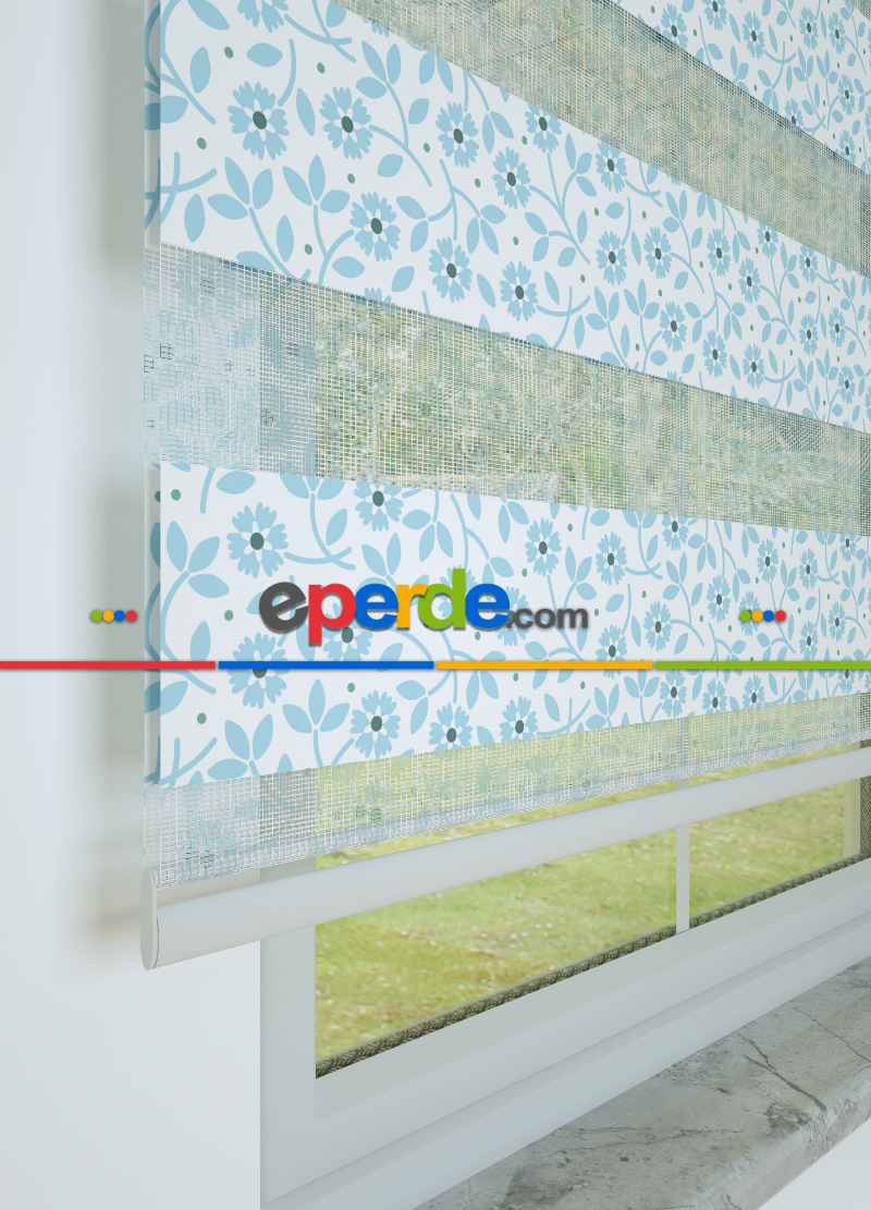 Çocuk Odası - Mavi Çıtır Çiçek Desenli Baskılı Zebra Perde