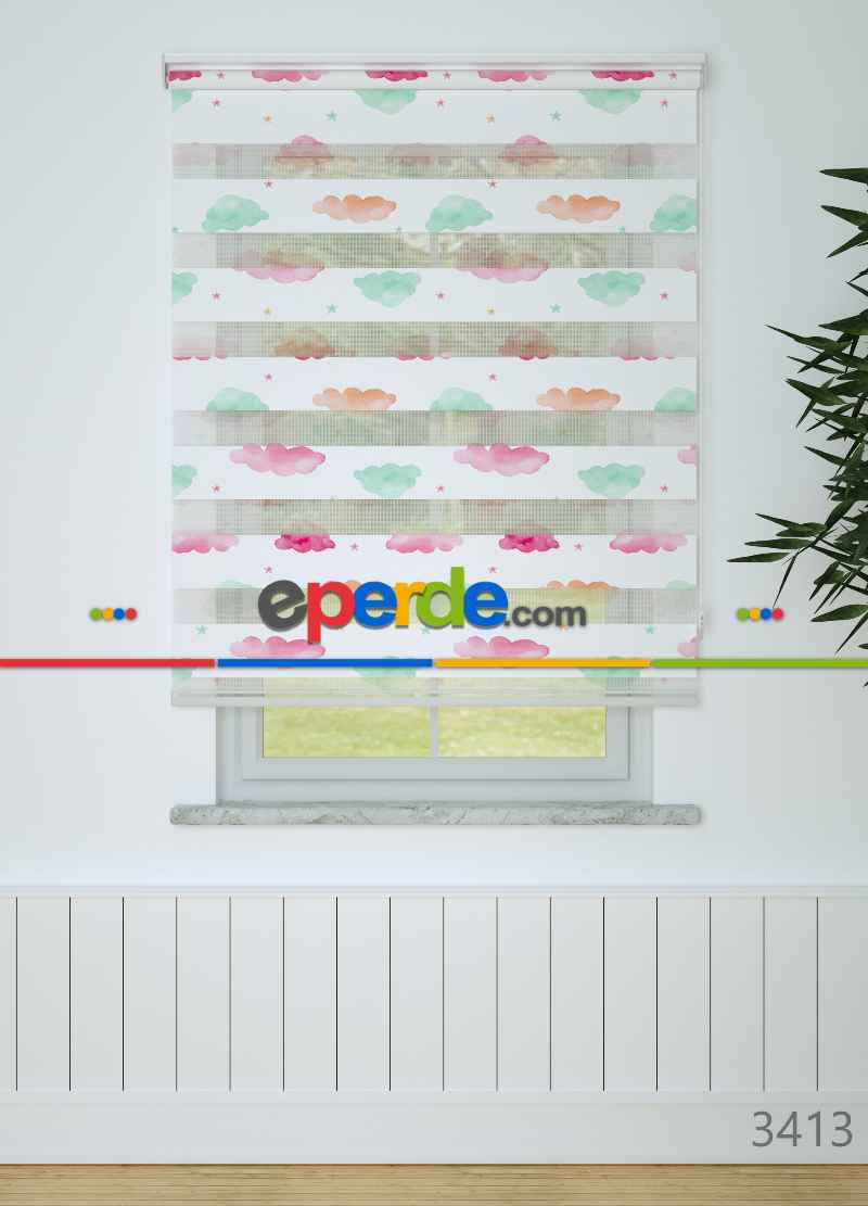 Çocuk Odası - Yeşil Pembe Bulut Ve Yıldız Desenli Baskılı Zebra Perde