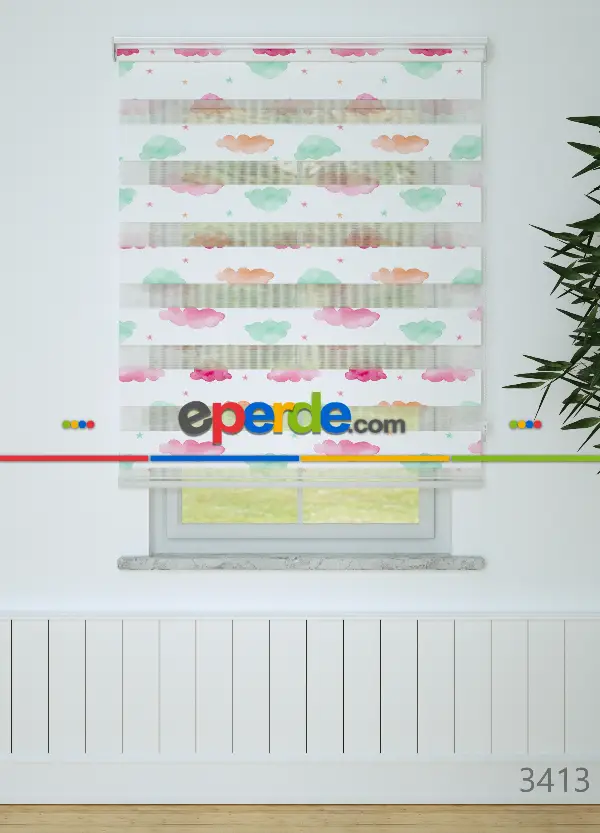 Bebek Odası - Yeşil Pembe Bulut Ve Yıldız Desenli Baskılı Zebra Perde