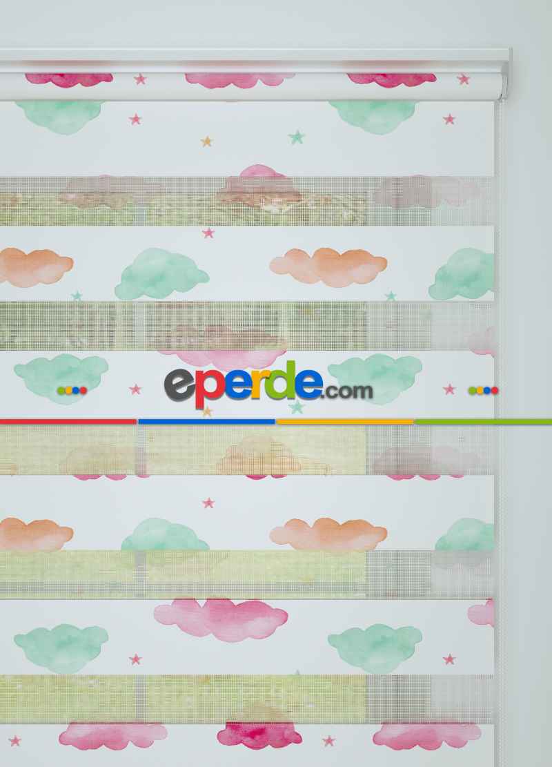 Çocuk Odası - Yeşil Pembe Bulut Ve Yıldız Desenli Baskılı Zebra Perde