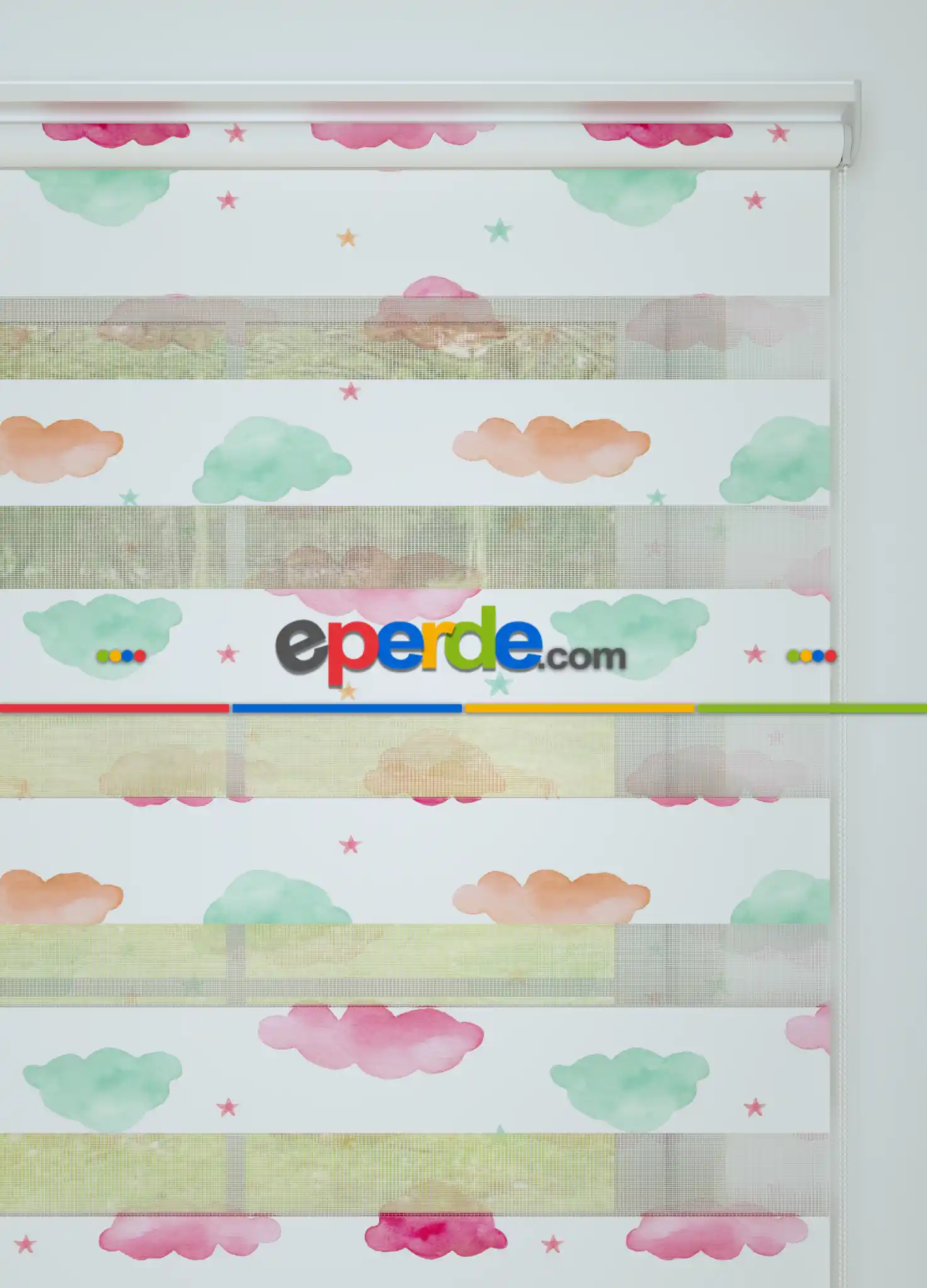 Bebek Odası - Yeşil Pembe Bulut Ve Yıldız Desenli Baskılı Zebra Perde
