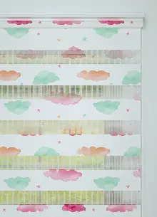 Bebek Odası - Yeşil Pembe Bulut Ve Yıldız Desenli Baskılı Zebra Perde