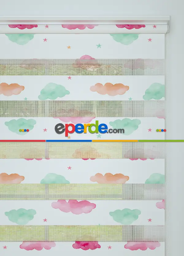 Bebek Odası - Yeşil Pembe Bulut Ve Yıldız Desenli Baskılı Zebra Perde