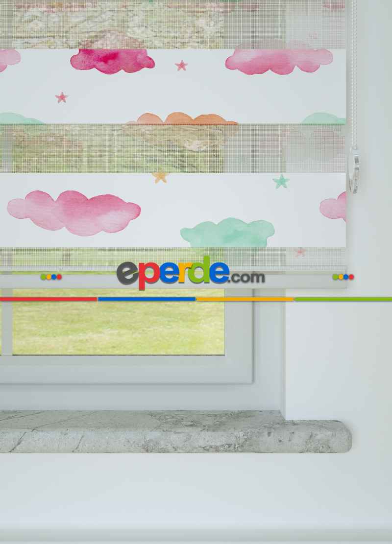 Çocuk Odası - Yeşil Pembe Bulut Ve Yıldız Desenli Baskılı Zebra Perde