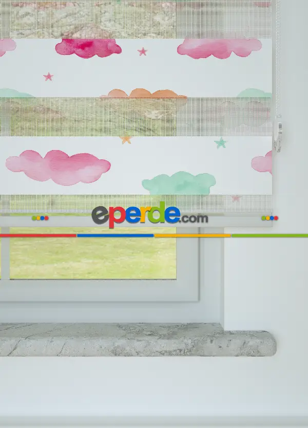 Bebek Odası - Yeşil Pembe Bulut Ve Yıldız Desenli Baskılı Zebra Perde
