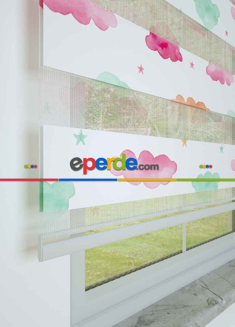 Çocuk Odası - Yeşil Pembe Bulut Ve Yıldız Desenli Baskılı Zebra Perde