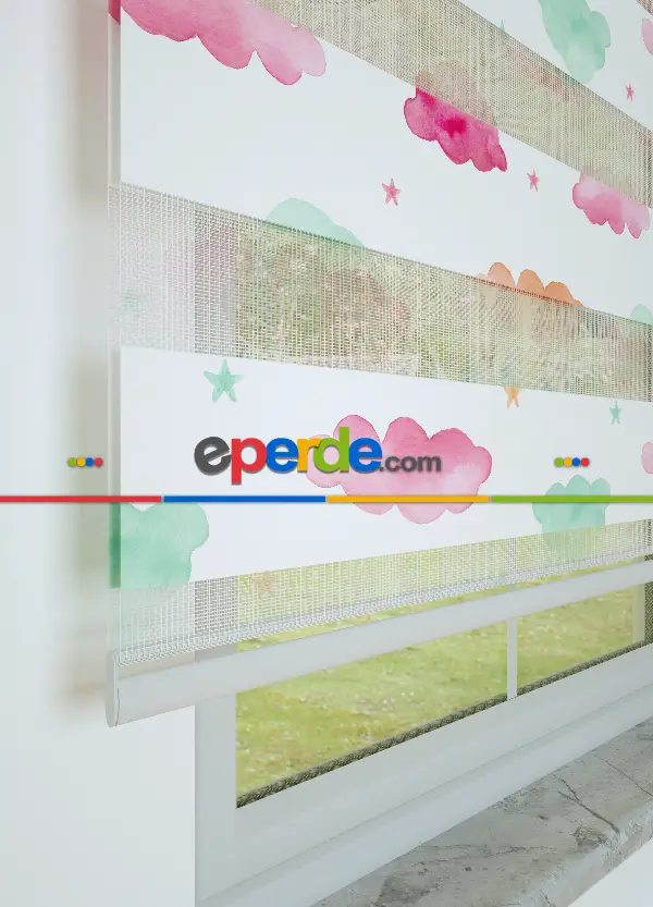 Bebek Odası - Yeşil Pembe Bulut Ve Yıldız Desenli Baskılı Zebra Perde